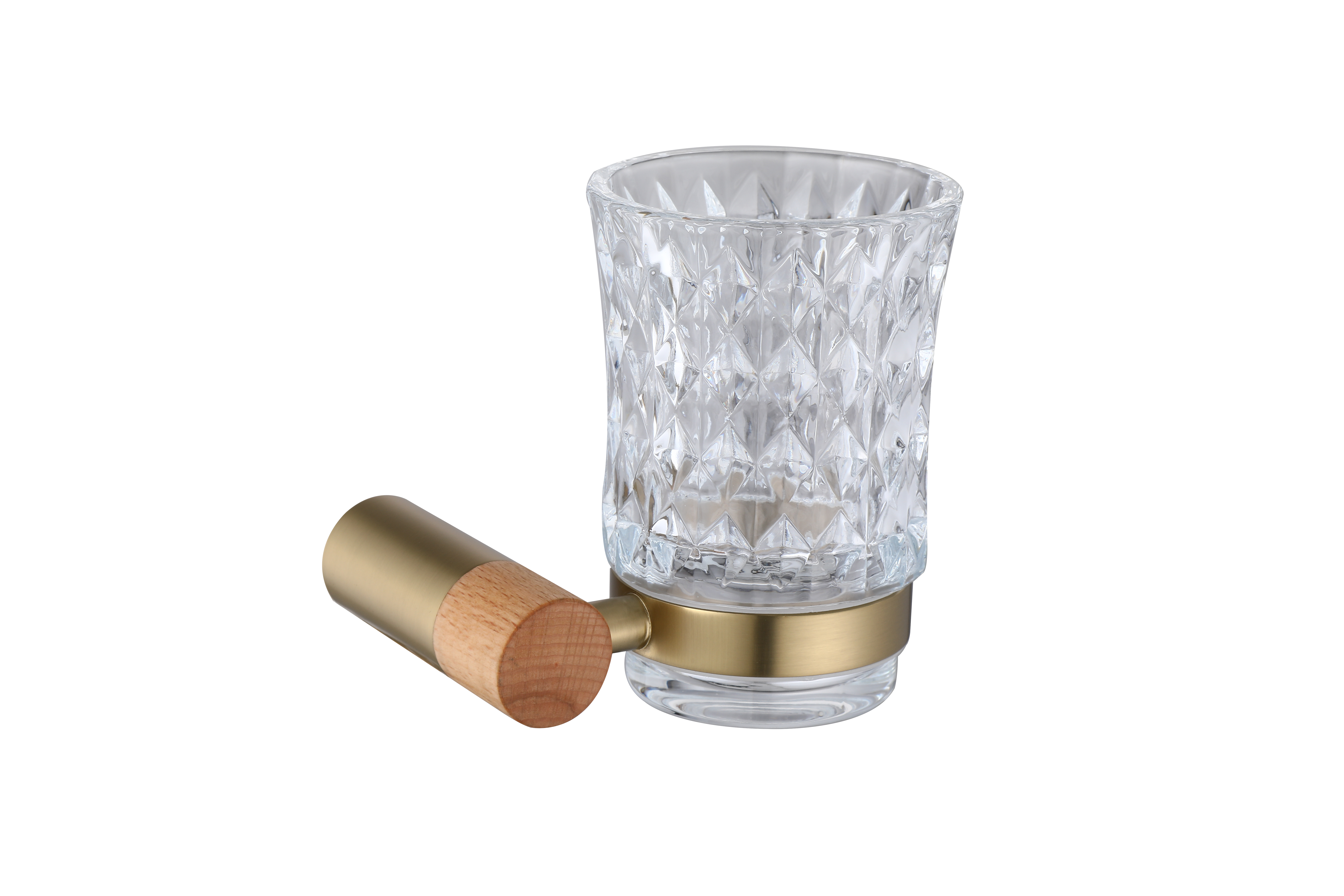 27584 Bathroom accessories, Tumbler holder, brass, beech wood Crystal glass cup, Tumbler holder and glass cup